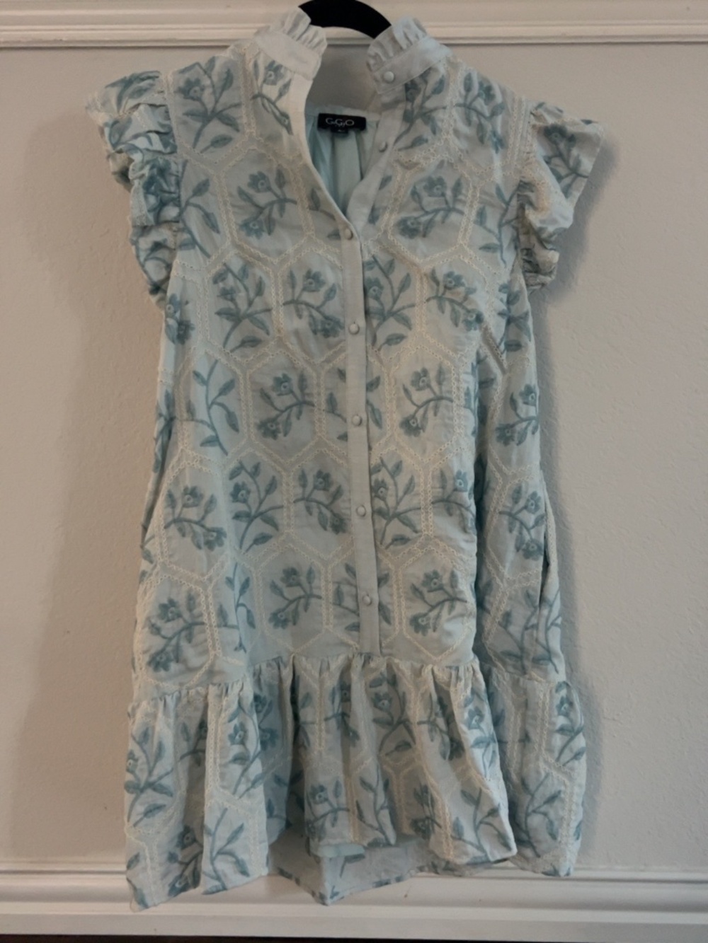 GIGIO Blue Floral Embroidered Ruffle Mini Dress Small